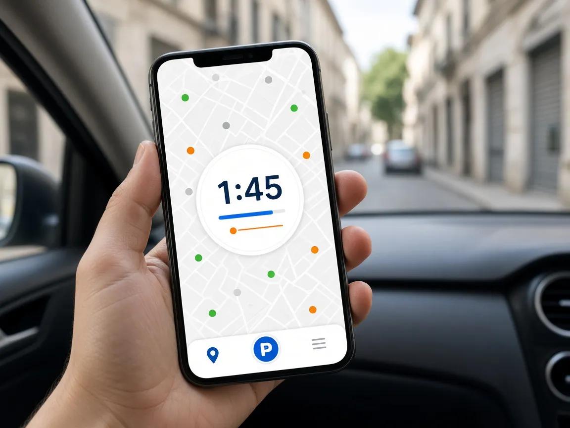Smartphone in auto con la mappa dei posti e il timer del disco orario